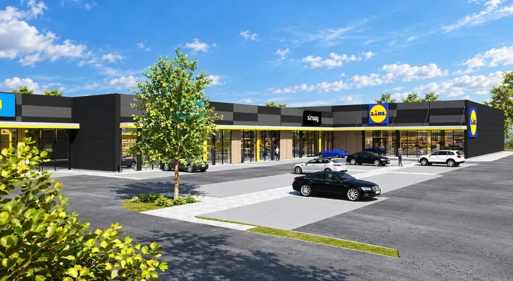 Vizualizace retailového parku Příbor – obchodní jednotky a Lidl