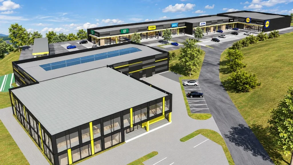 Vizualizace retailového parku Příbor – pohled na celý areál